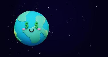 Loop animation of 3d adorable cartoon earth emoji, green planet with dollar eyes and happy mood in space with copy Space background as concept for love and peace. 3d render animation video