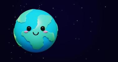 Loop animation of 3d adorable cartoon earth emoji, green planet with happy mood in space with copy Space background as concept for love and peace. 3d render animation video