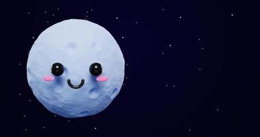 ciclo continuo animazione di 3d adorabile cartone animato Luna emoji con contento umore nel spazio con copia spazio sfondo come concetto per amore e pace. 3d rendere animazione video
