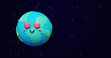 Loop animation of 3d adorable cartoon earth emoji, green planet with love eyes and happy mood in space with copy Space background as concept for love and peace. 3d render animation video