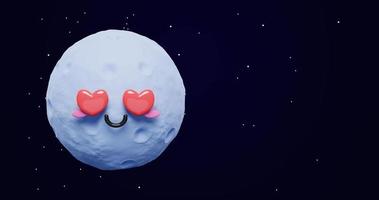 Loop animation of 3d adorable cartoon moon emoji with love eyes and happy mood in space with copy Space background as concept for love and peace. 3d render animation video