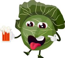 Cabbage with a beer glass, illustration, vector on white background.