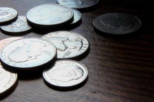 Dollar coins scattered on a wooden table, photo