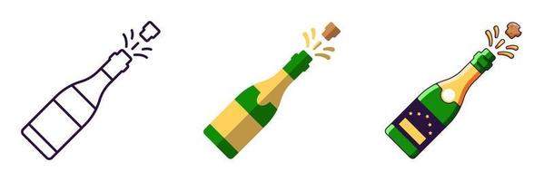 Merry Christmas and Happy New Year concept. Collection of icon of champagne in line, flat and cartoon styles for web sites, adverts, articles, shops, stores vector