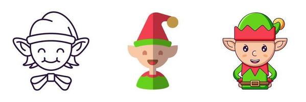 Merry Christmas and Happy New Year concept. Collection of icon of elf helper in line, flat and cartoon styles for web sites, adverts, articles, shops, stores vector