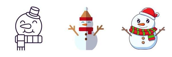 Merry Christmas and Happy New Year concept. Collection of icon of snowman in line, flat and cartoon styles for web sites, adverts, articles, shops, stores vector