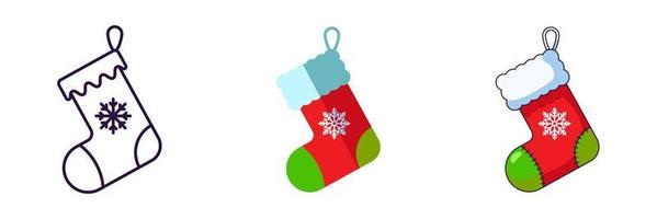 Merry Christmas and Happy New Year concept. Collection of icon of Christmas sock in line, flat and cartoon styles for web sites, adverts, articles, shops, stores vector