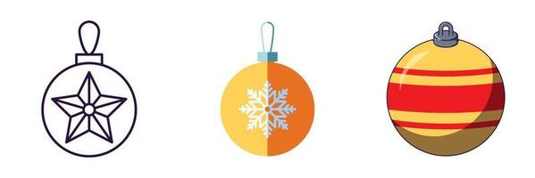 Merry Christmas and Happy New Year concept. Collection of icon of Christmas bauble in line, flat and cartoon styles for web sites, adverts, articles, shops, stores vector