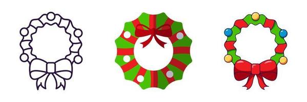 Merry Christmas and Happy New Year concept. Collection of icon of Christmas wreath in line, flat and cartoon styles for web sites, adverts, articles, shops, stores vector