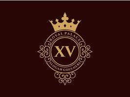 Letter XV Antique royal luxury victorian logo with ornamental frame. vector