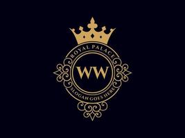 Letter WW Antique royal luxury victorian logo with ornamental frame. vector