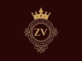 letra zv logotipo victoriano de lujo real antiguo con marco ornamental. vector