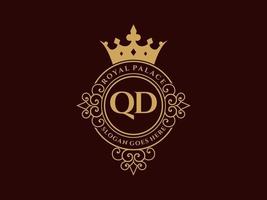 Letter QD Antique royal luxury victorian logo with ornamental frame. vector