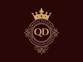 Letter QD Antique royal luxury victorian logo with ornamental frame. vector