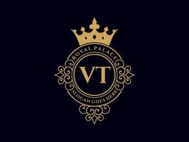 Letter VT Antique royal luxury victorian logo with ornamental frame. vector