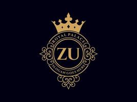 Letter ZU Antique royal luxury victorian logo with ornamental frame. vector