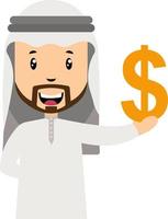Árabe con signo de dólar, ilustración, vector sobre fondo blanco.