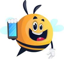 Bee using a smartphone, illustration, vector on white background.