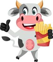 Cow with french fries, illustration, vector on white background.