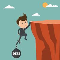 Businessman try hard to hold on the cliff with debt burden. Business concept - vector illustration
