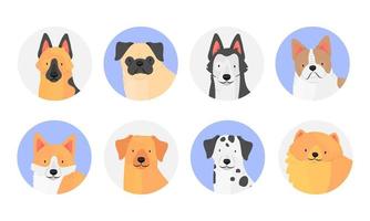 A set of round icons with dogs. A set of different dog breeds. Dog avatar icon collection. Isolated vector illustration.