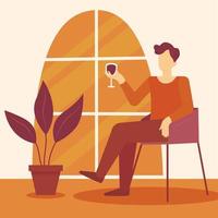 A man drinks wine in the evening at home sitting by the window. Home rest. Spending time in a cozy house. Vector flat illustration.