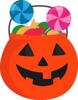 calabaza con caramelos de halloween, ilustración, vector sobre fondo blanco.