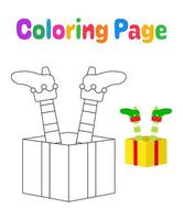 página para colorear con pies de elfo con caja de regalo para niños vector