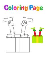 página para colorear con pies de elfo con caja de regalo para niños vector