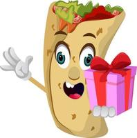 Burrito with birthday present, illustration, vector on white background.