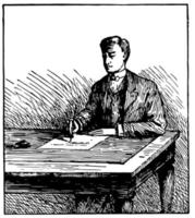 Man Writing at Table or seated at table writing, vintage engraving. vector