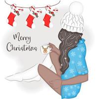 Girl on Christmas Eve with stockings, fashion vector illustration