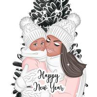 Mother and daughter in winter clothes on Christmas Eve or New Year's Eve vector illustration