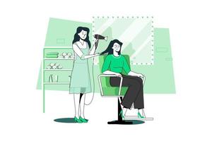 Hairdresser dry a new hairstyle for a customer at a hair salon. vector