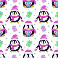 Vector seamless pattern with the image of penguins, gifts and snowflakes. Seamless vector printing on children's fabrics, wallpaper, textiles, packaging, design.