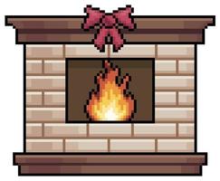 Pixel art fireplace with bow ornament, fireplace lit vector icon for 8bit game on white background