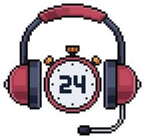 auricular de pixel art con icono de reloj, icono de vector de soporte de 24 horas para juego de 8 bits sobre fondo blanco