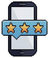 Pixel art cell phone with star rating bar, mobile phone vector icon for 8bit game on white background