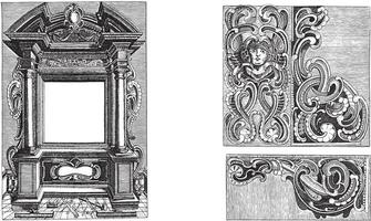 Architectural title framing and three lobe-style ornaments, anonymous, vintage illustration. vector