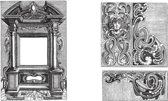 Architectural title framing and three lobe-style ornaments, anonymous, vintage illustration.