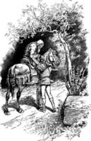 Elderly Man Sitting on Horse with Man Steadying Him, vintage illustration vector