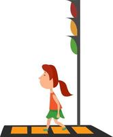 Girl on the crosswalk, illustration, vector on white background.