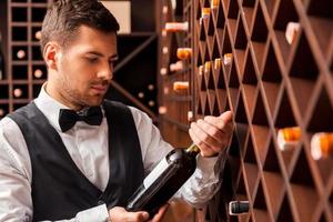 Choosing the right wine. Confident male sommelier examining wine bottle while standing near the wine shelf photo