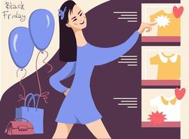 A young woman is shopping on the internet in an online store. vector