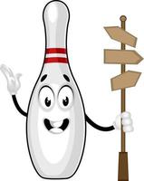 Bowling pin with road sign, illustration, vector on white background.