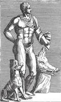 Sculpture of Adonis with hunting dog and wild boar head, anonymous, 1584, vintage illustration. vector
