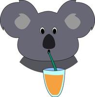 Koala bebiendo jugo, ilustración, vector sobre fondo blanco.