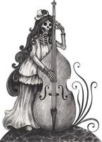 Art fancy woman skull playing double bass. Hand drawing and make graphic vector. vector