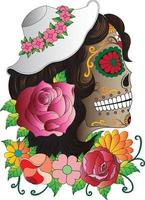 Art fancy woman skull day of the dead. Hand drawing and make graphic vector. vector