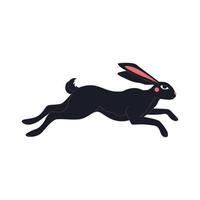 Abstract jumping black rabbit with red cheeks and eyes. Chinese New Year 2023 symbol. Easter bunny black silhouette, mystic hare, astrological, botanical, esoteric. Hand drawn vector illustration.